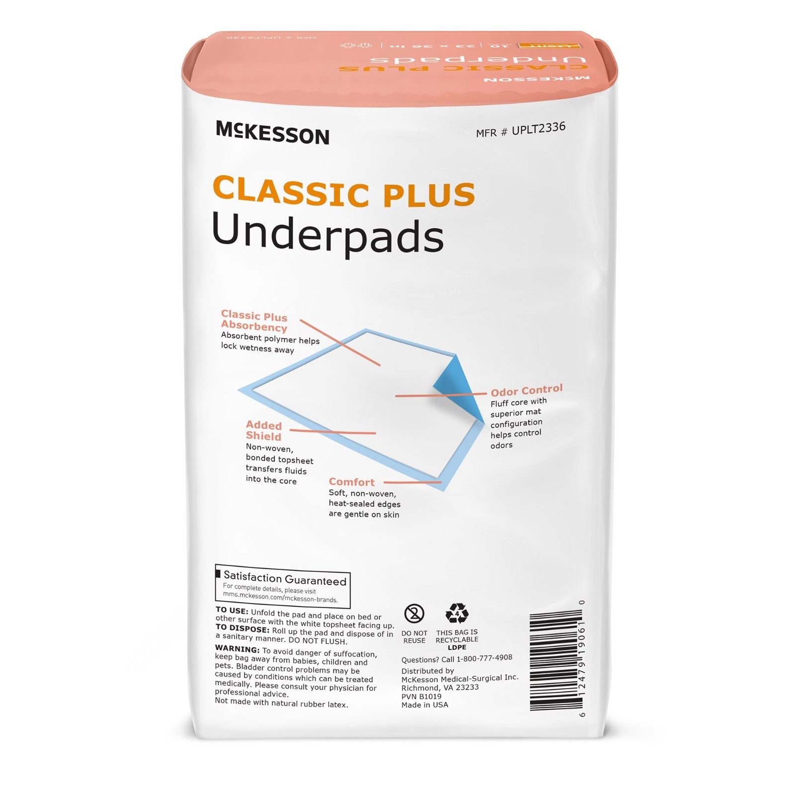 McKesson Classic Adult Bed Chair Disposable Underpads Fluff Core, 23×36″, 150 Ct
