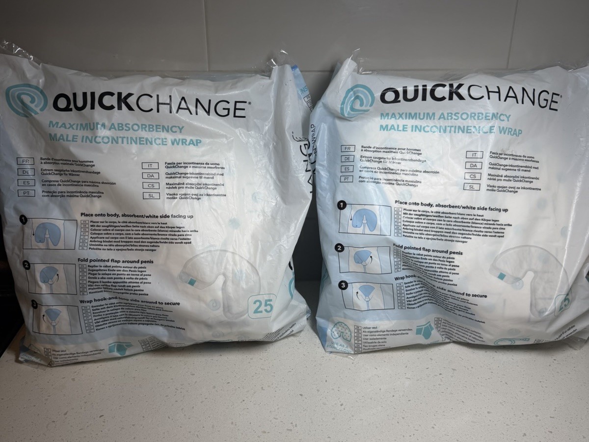 2x Quick Change Bedbound Male Urine incontinence Wrap-25ct Ea Holds 500ml *TWO
