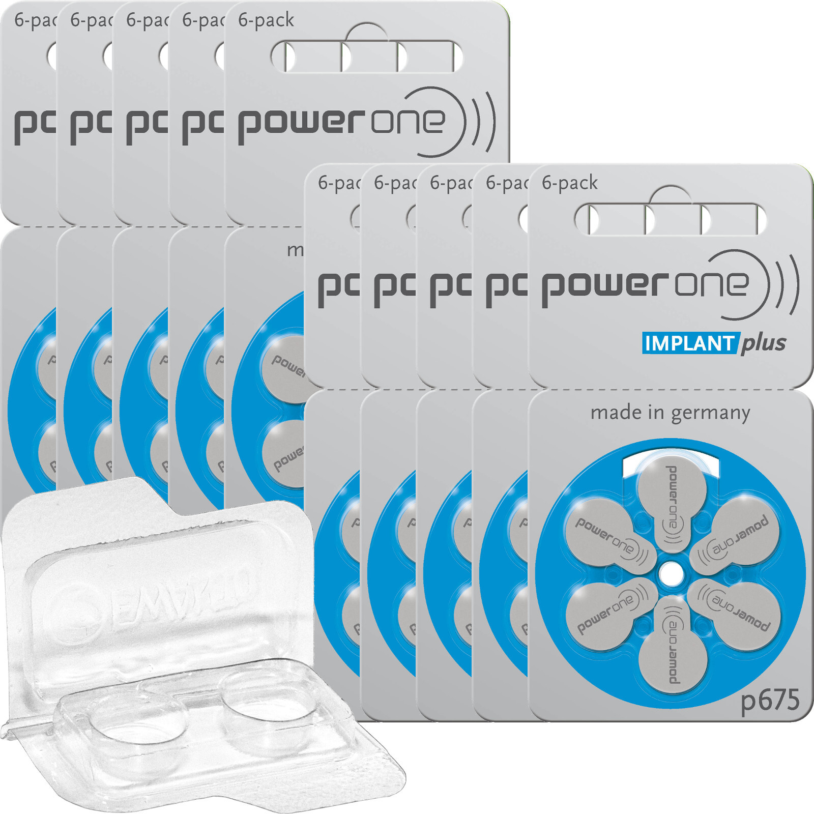 60 x PowerOne Implant Plus hearing aid battery P675 blue (10 x 6 sheets) +Tra…