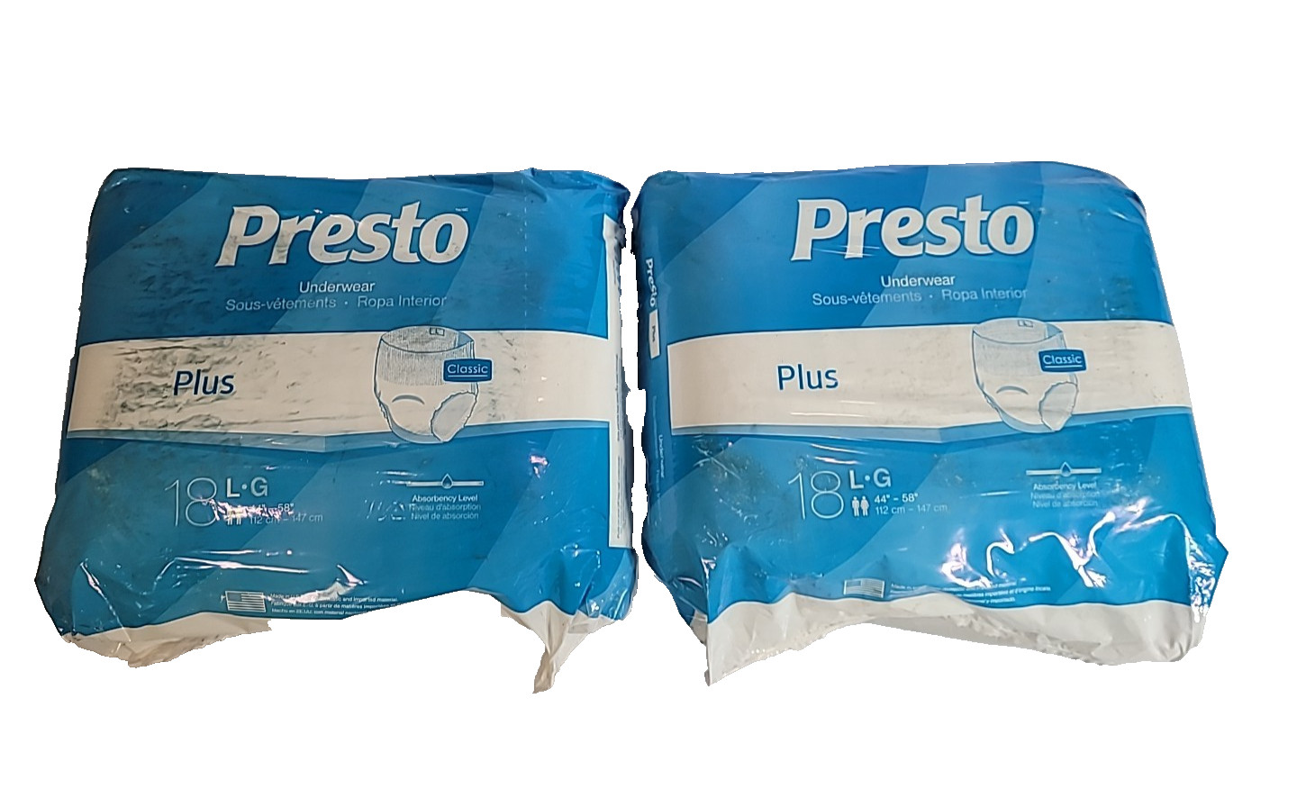 PACK OF 2 Presto Plus Briefs Underwear With Tabs 18 LARGE 44″-58″ TOTAL 36