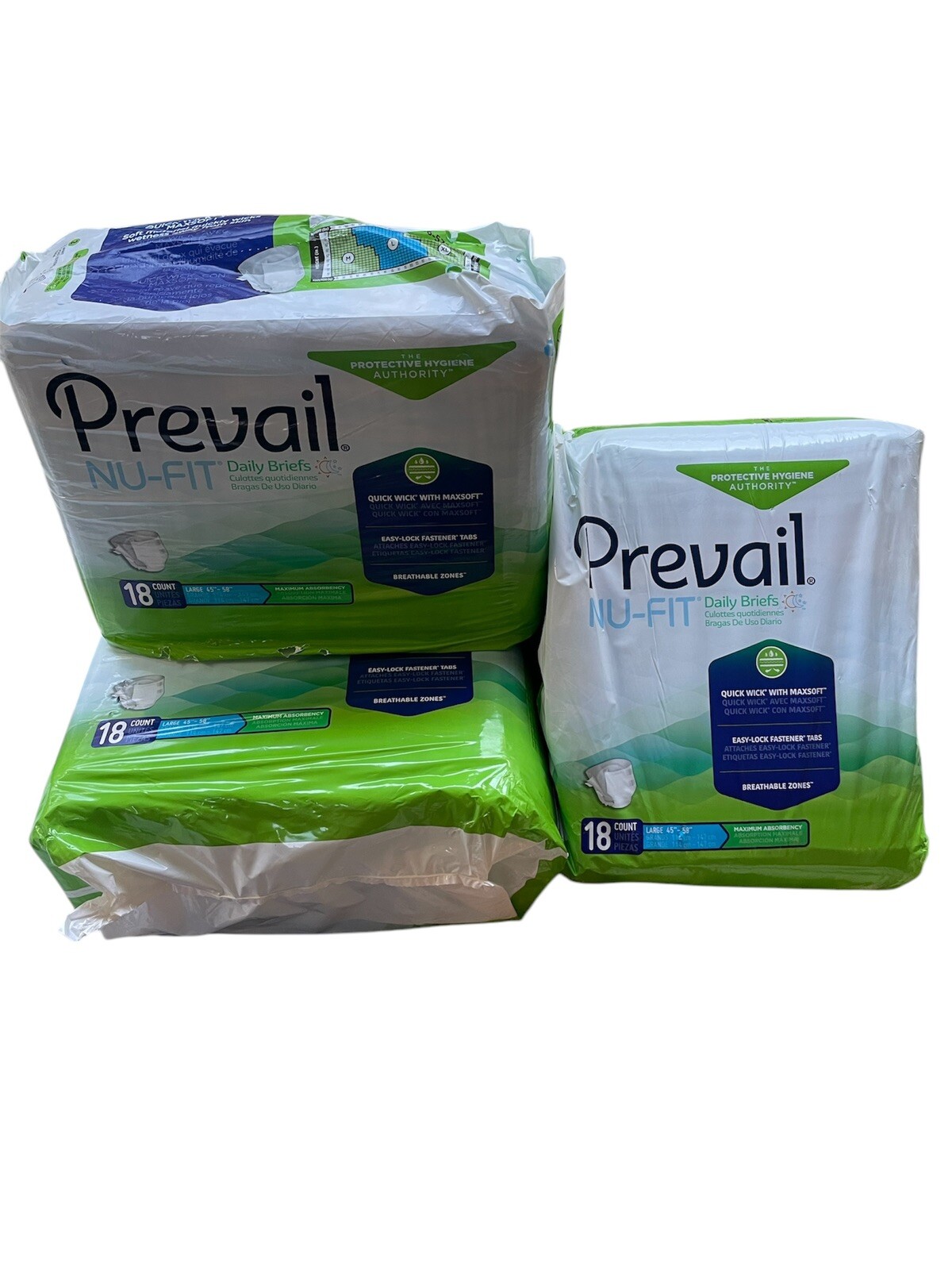 Set of 3 Prevail Nu-Fit Adult Brief Diaper, LARGE, Max Abs. Pack of 18 New