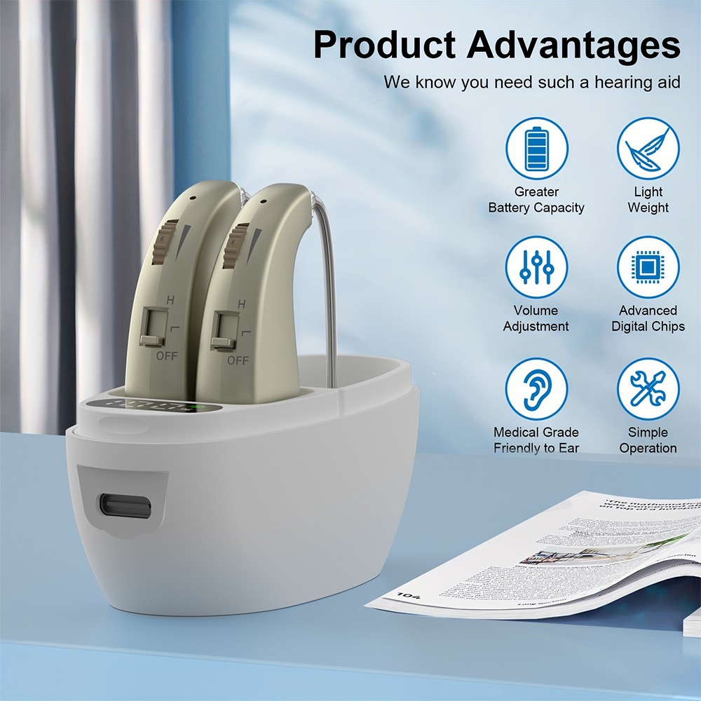 1 Pair Digital Hearing Aid Severe Loss Rechargeable BTE Ear Aids & Charging Case