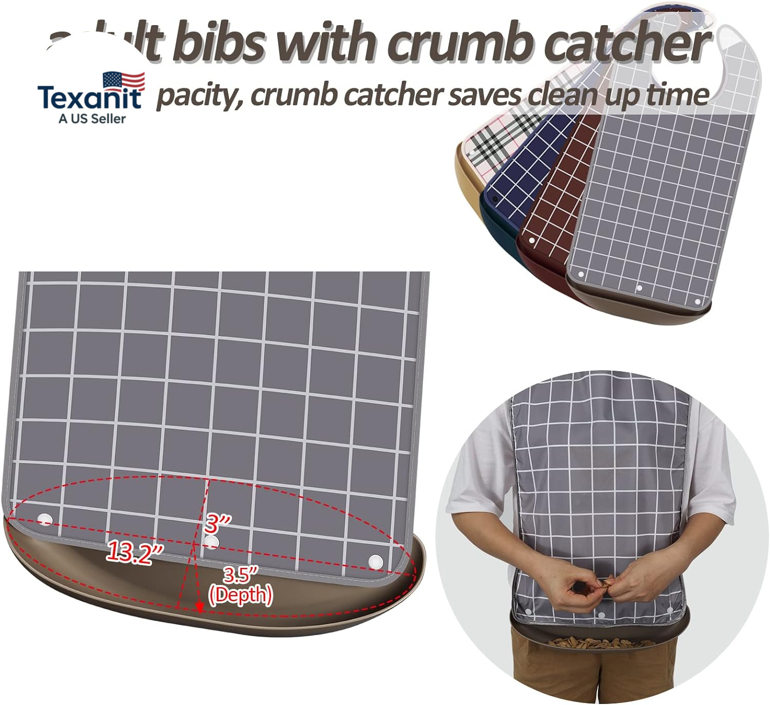 4 Pack Adult Bibs for Eating Waterproof Clothing Protector with Detachable Crumb