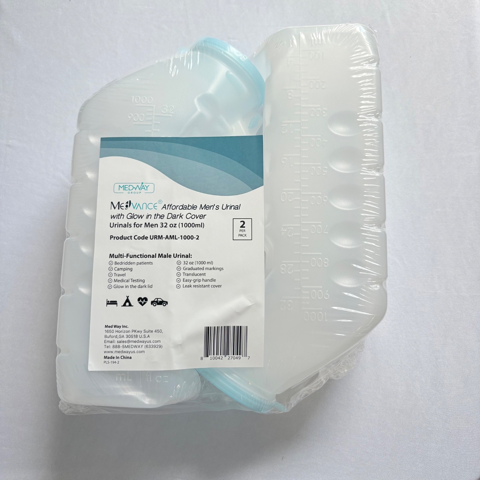 MedVance 2 Pack 1000ml Plastic Portable Urinals for Men Glow in the Dark