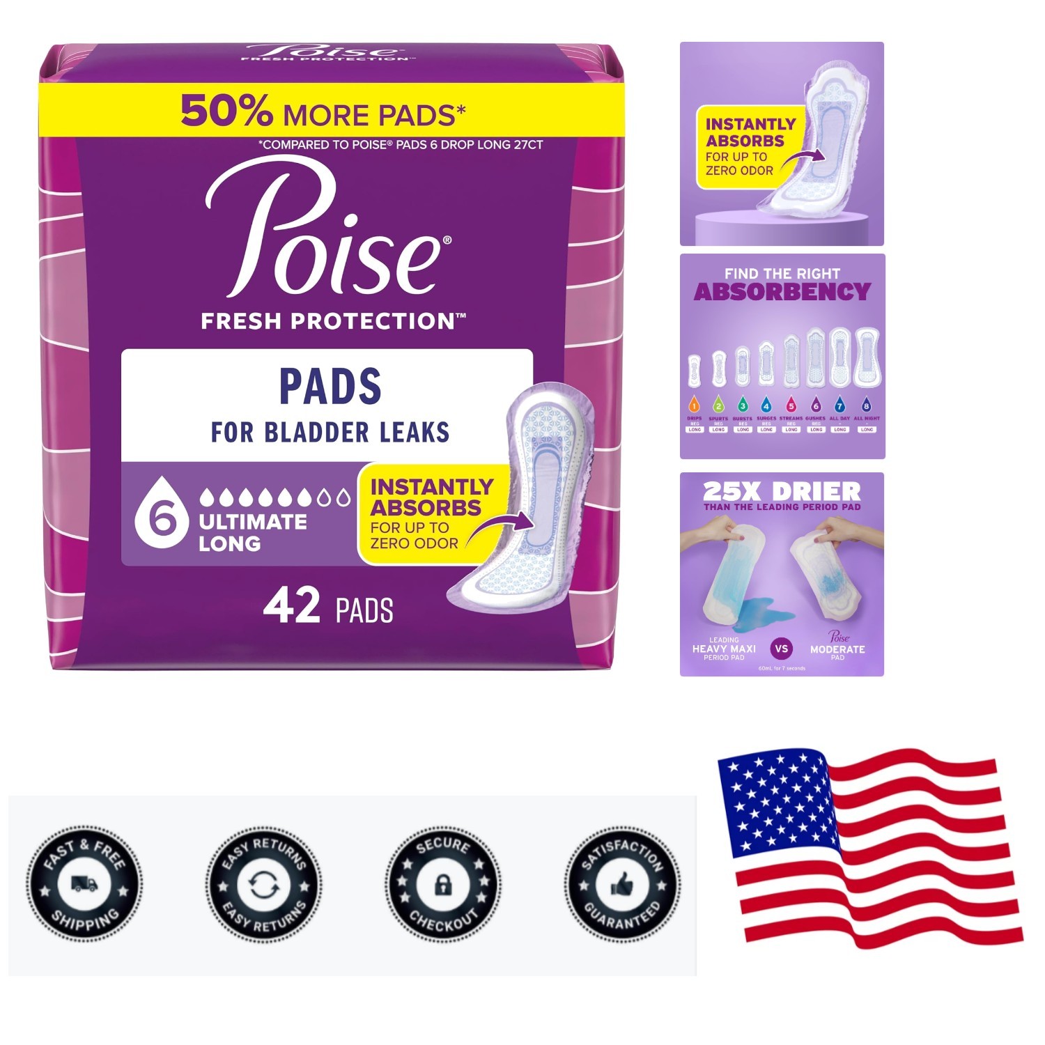 42 Count Ultimate Absorbency Incontinence Pads – Long Length, Odor Neutralizing