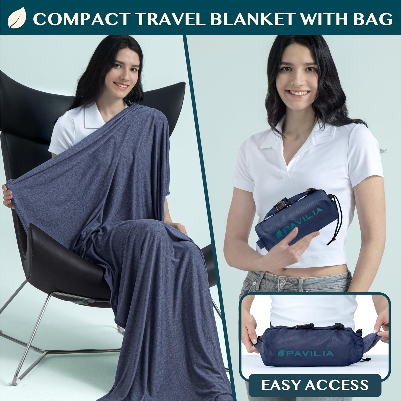 PAVILIA Travel Blanket Airplane Compact with Bag, 65 x 40 inches, Navy Blue