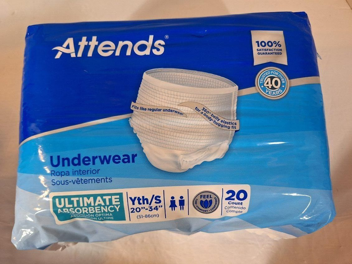 LOT OF 4 ATTENDS Youth Small Disposable Underwear- Size Small/Youth-20 Count Per