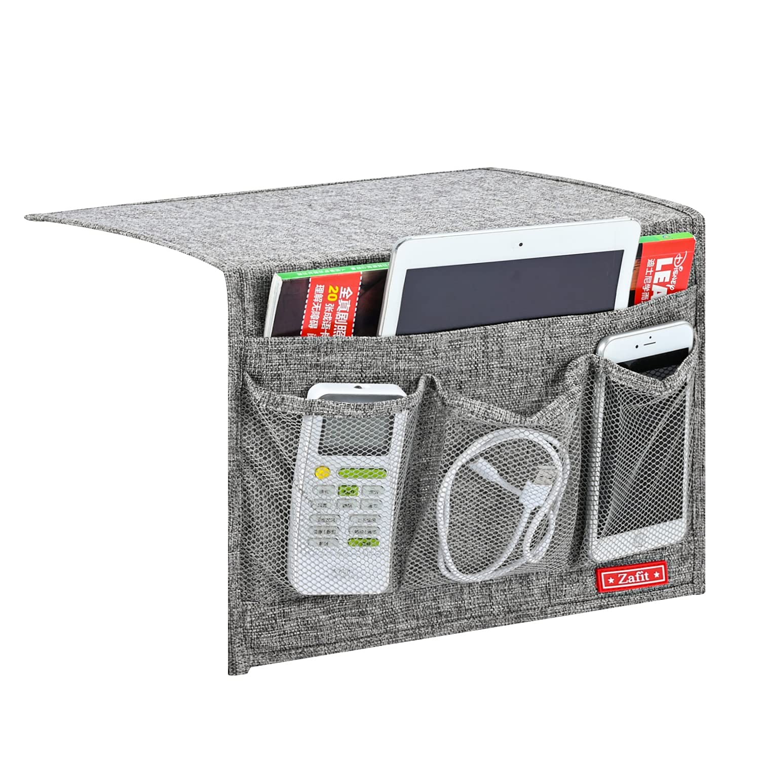 Linen 4 Pockets Bedside Caddy, Bedside Storage Organizer for Magazine, Remote…