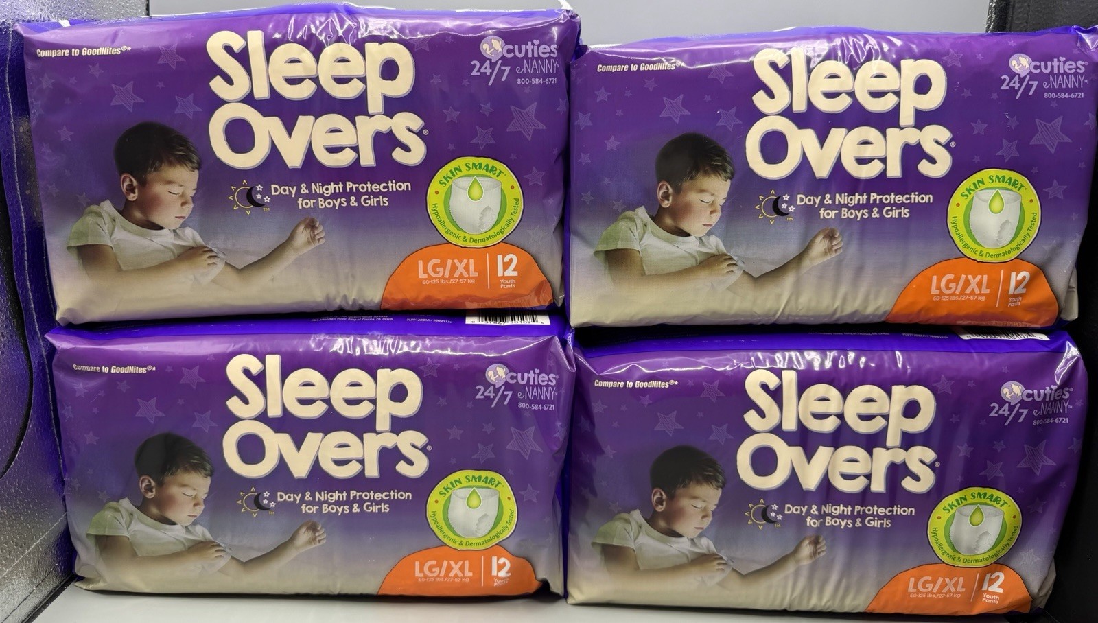 (4) PACKS OF 12 SLEEP OVERS BY CUTIES PULL UP UNDERBRIEFS LG XL 60-125 POUNDS