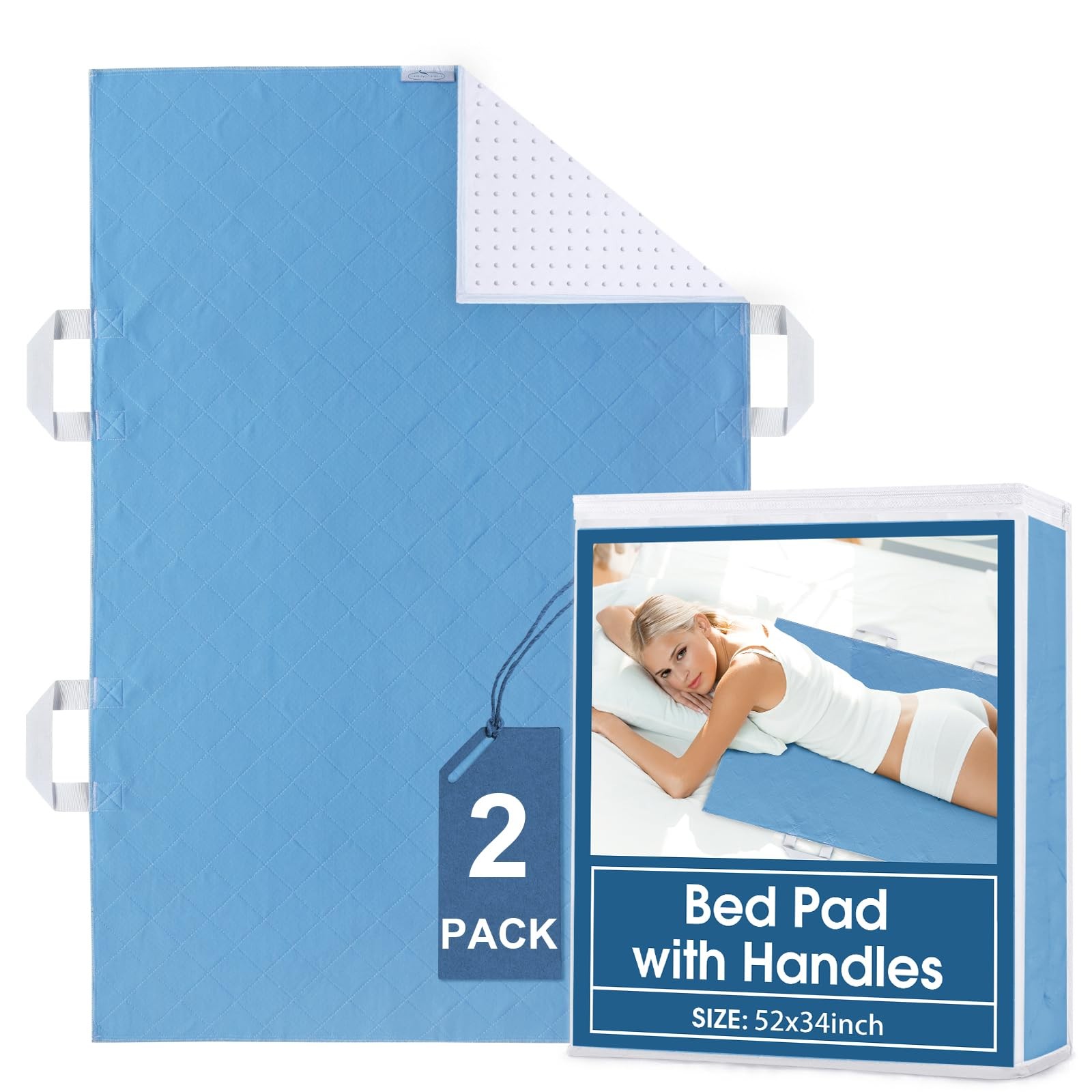 Blue Positioning Bed Pad 4 Handles Washable Incontinence 34×52 Inch 2 PCS