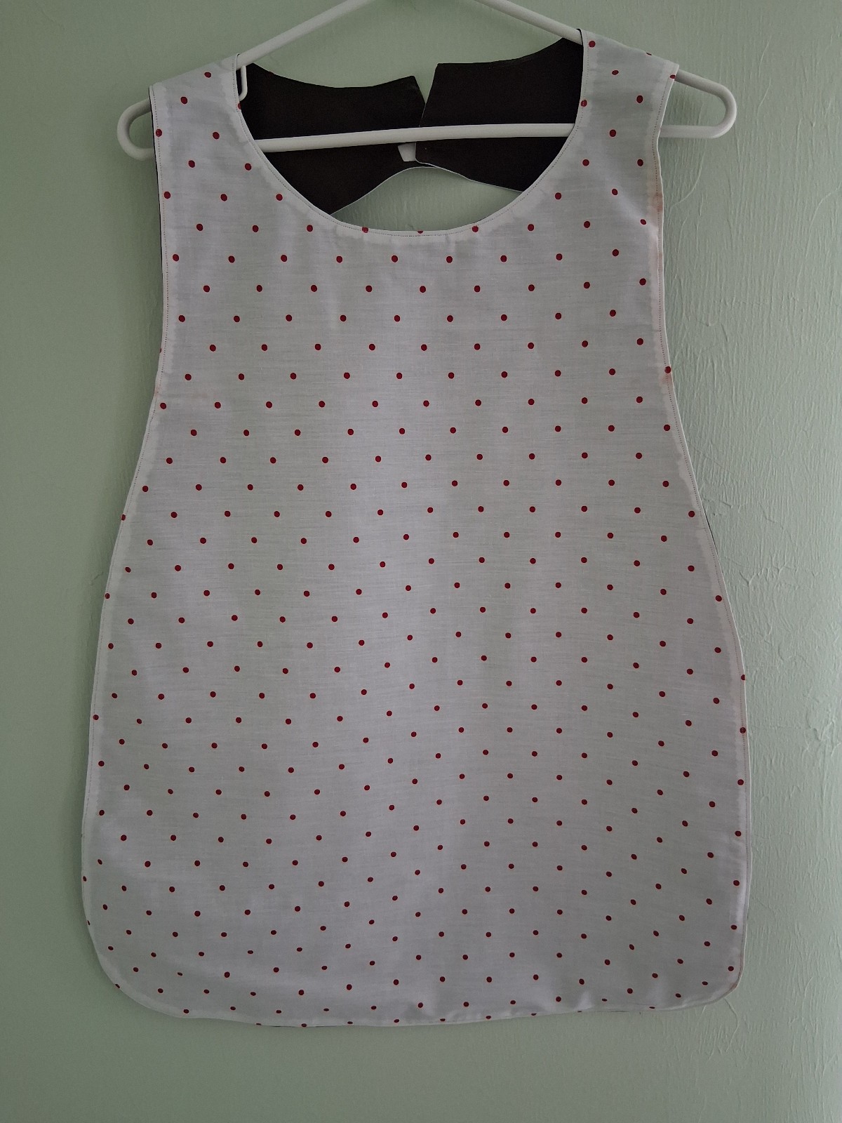 Red dots on white/Brown, Adult Bib, Handmade , 35 1/2” by 21 ½”, reversible
