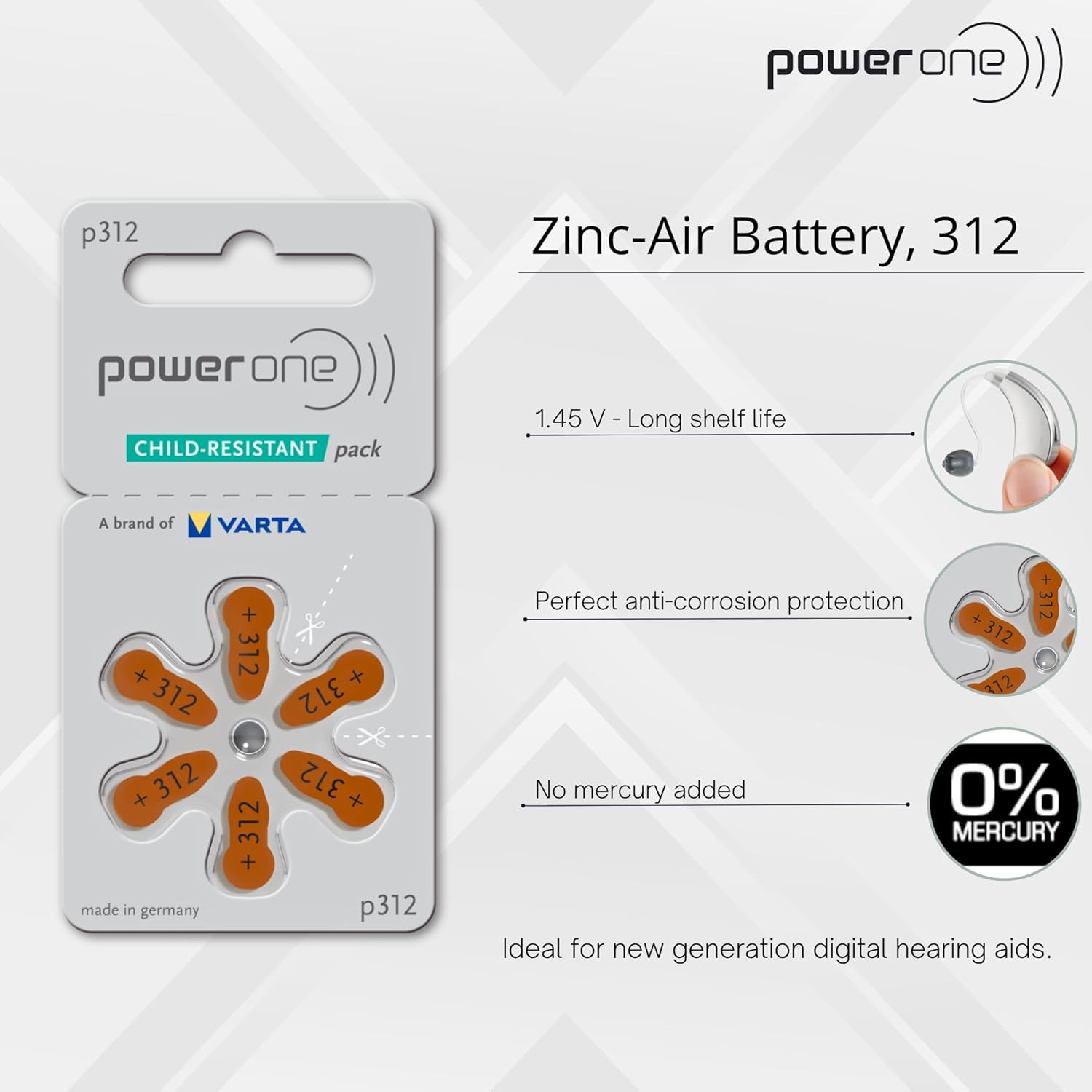 Powerone Hearing Aid Batteries No Mercury Size 312, PR41 (60 Batteries) + Batter