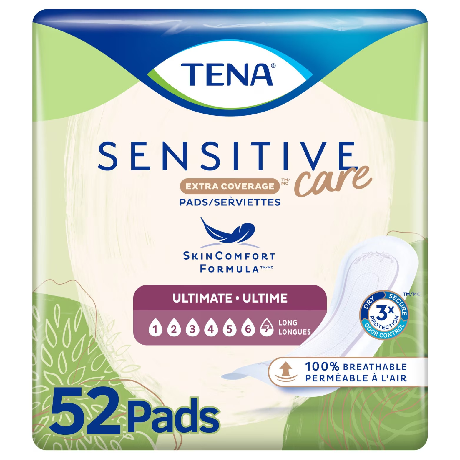 TENA Sensitive Care Extra Coverage Ultimate Incontinence Long Pads, 52ct