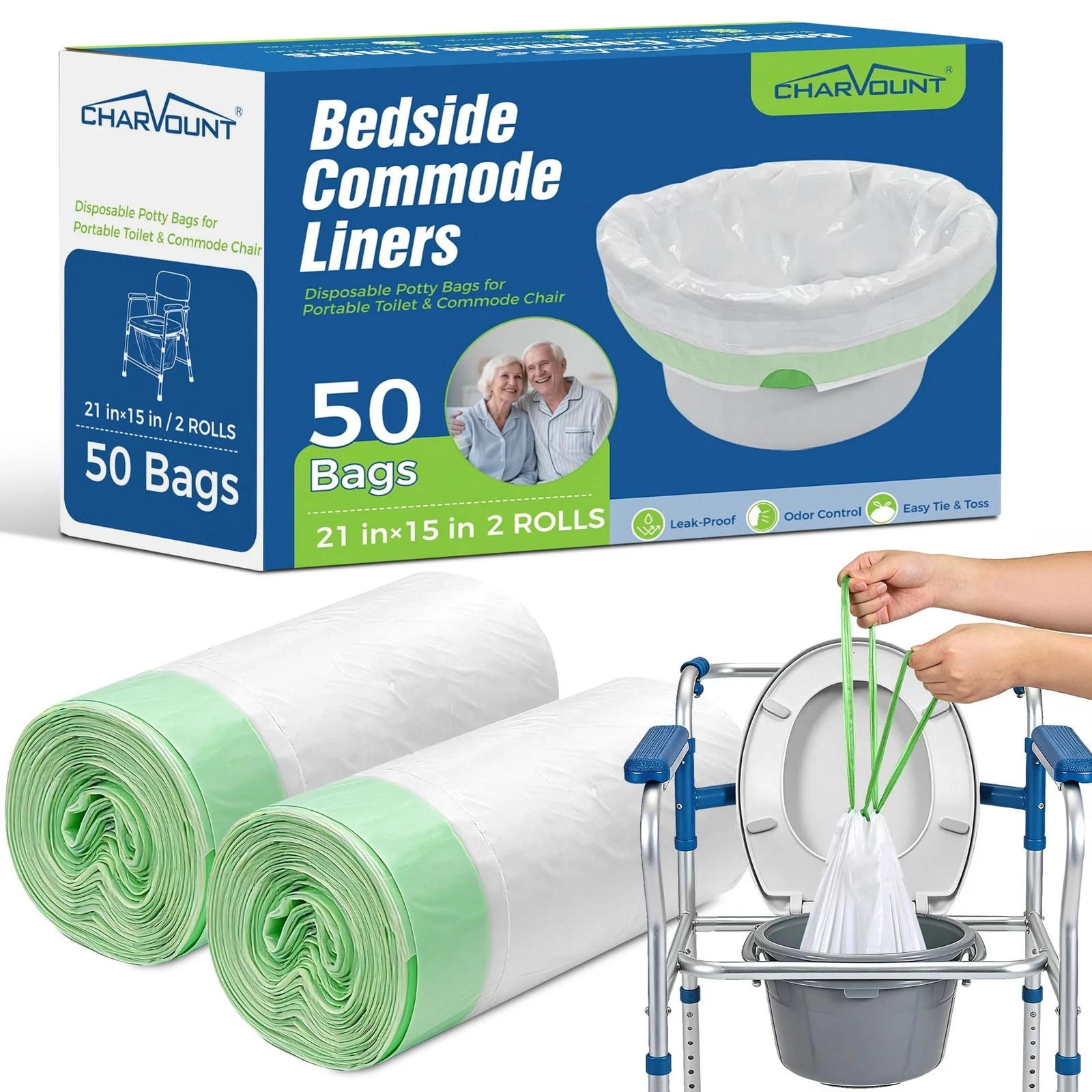 Bedside Commode Liners, Disposable Commode Bags with Drawstring, Leakproof Un.