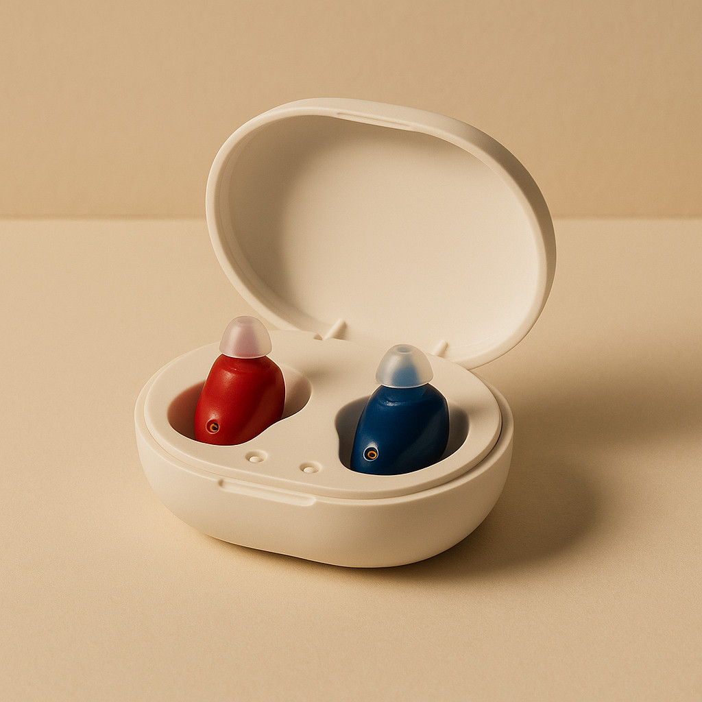 Hearing Amplifier Blue + Red ITE OTC Mini Pair Noise Reduction Charging Case