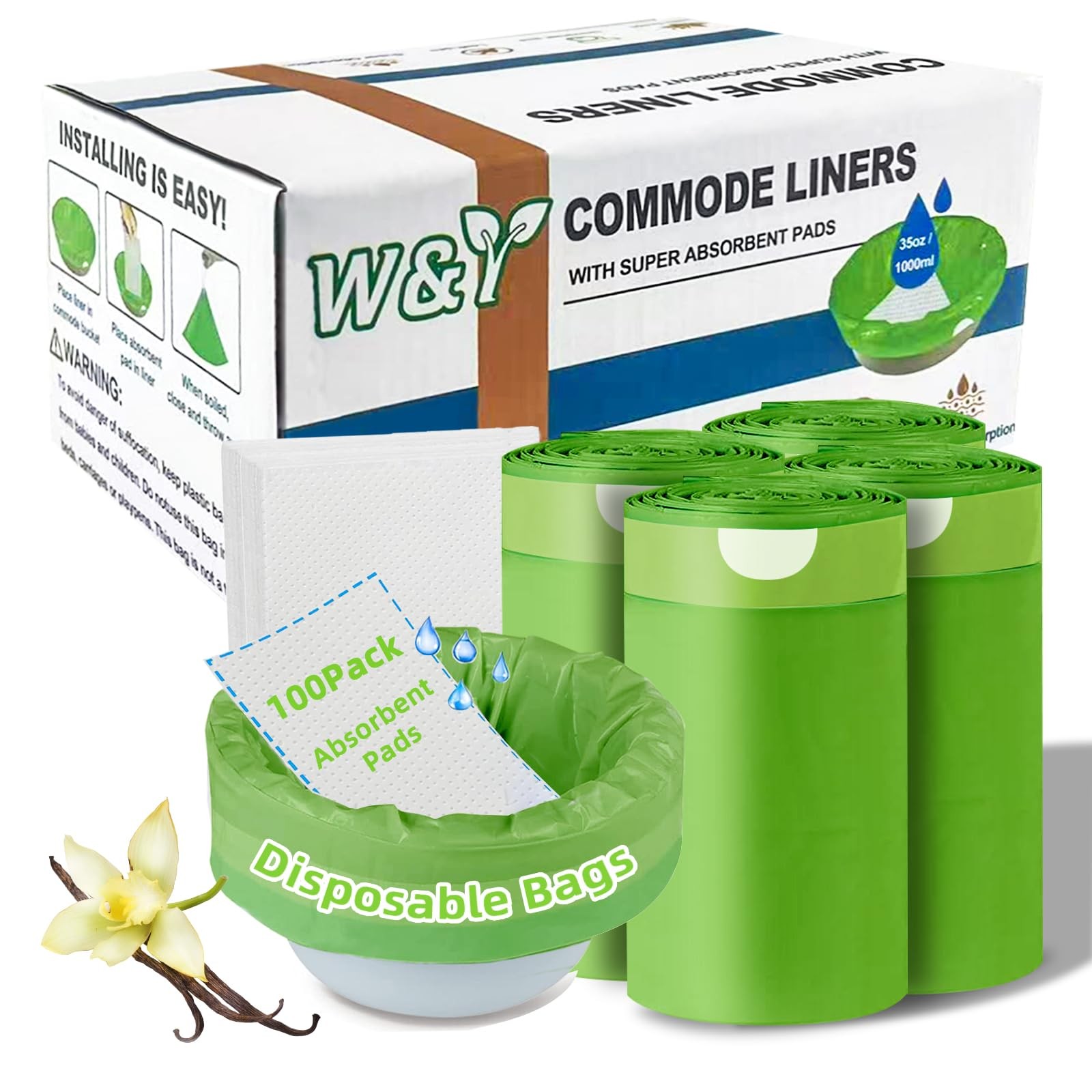 100 Pack Commode Liners with Super Absorbent Pads, Universal Fit All Standard…