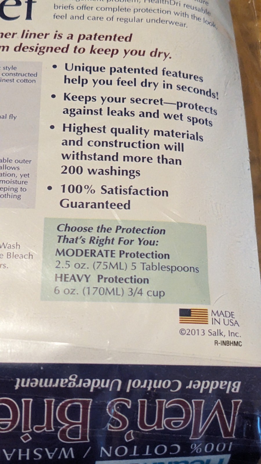 Salk HealthDri Men’s Heavy Absorbency Reusable Brief Medium 34″-36″ BH00M USA