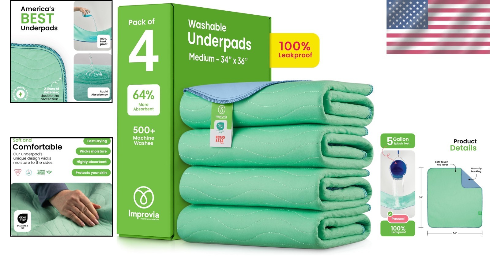 34″x36″ Reusable Underpads, Leakproof & Washable – Perfect for Home Care, 4 Pack