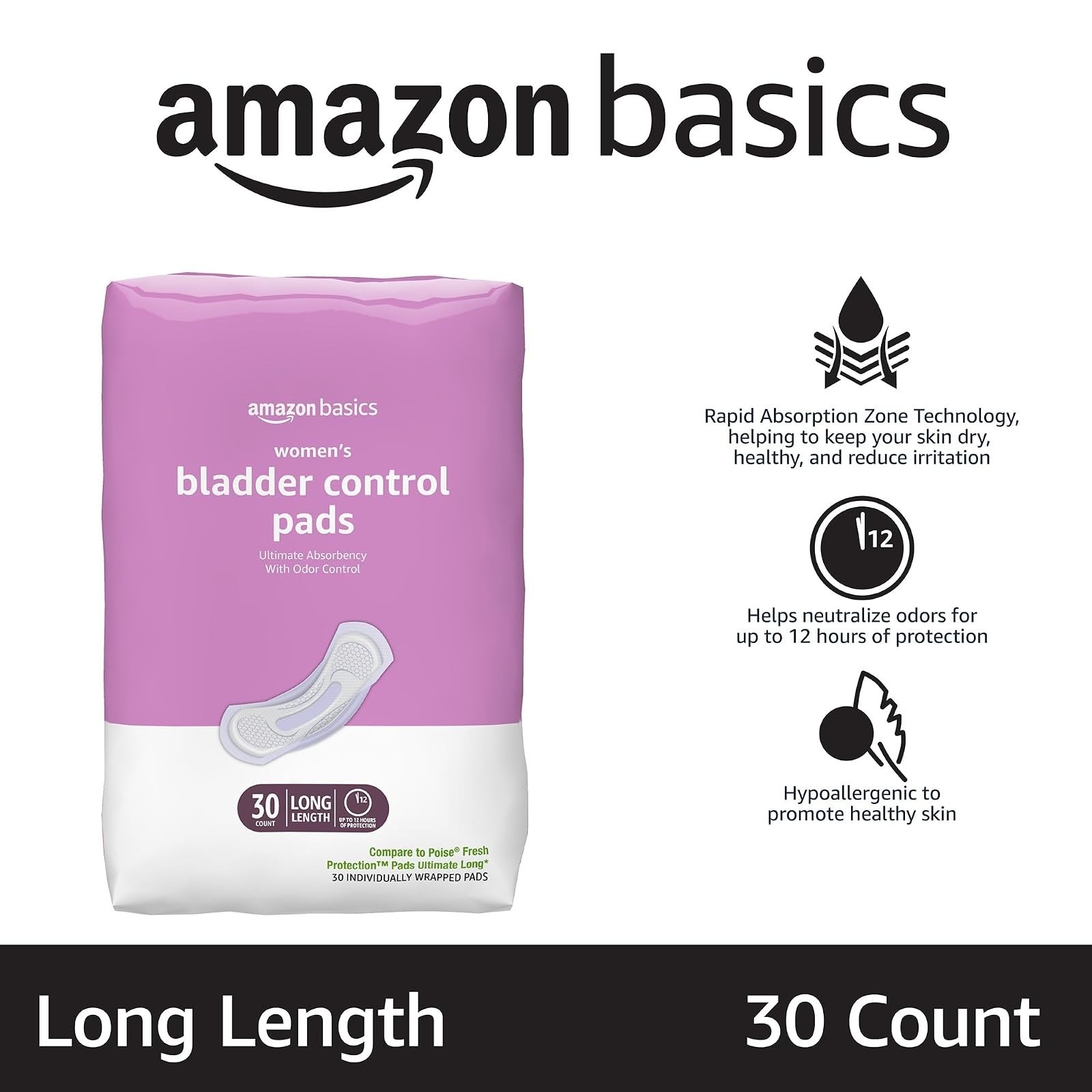 Amazon Basics Incontinence Pads for Women, Long, Ultimate Absorbency, 30 Count
