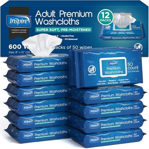 Adult Wet Wipes for Incontinence & Cleansing | 12 Packs of 50 Wash Cloths 8″x12