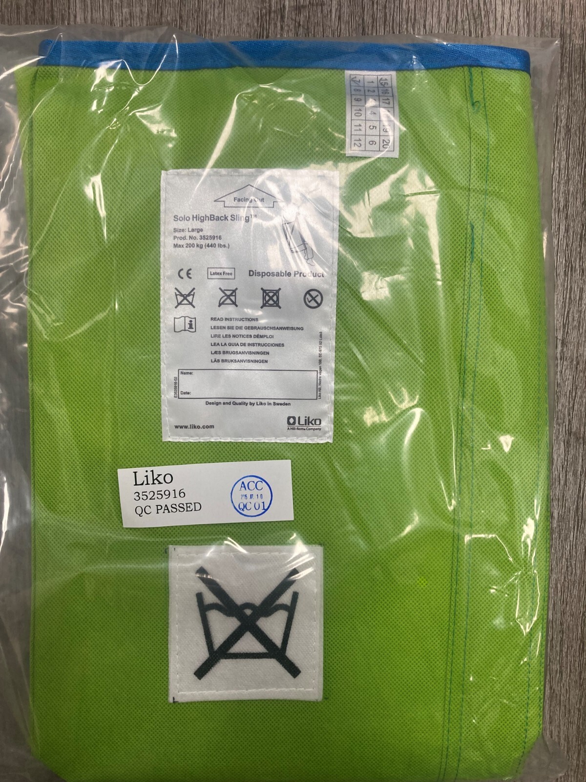 Solo by Liko HIGH BACK SLING, Large, 3525916, Max 440 lb Brand New