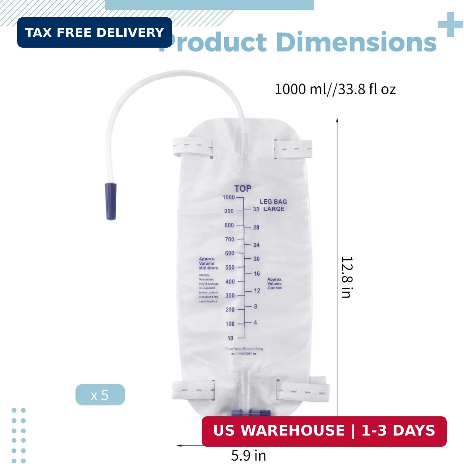 5 PCS Catheter Bags for Men, 1000 ml/33.8oz Foley Catheter Leg Bags, Urine Bags