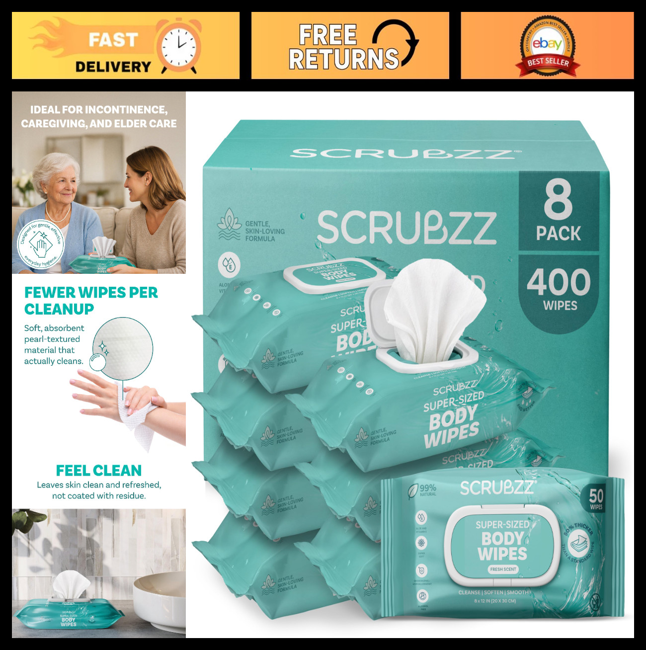 Extra Large Adult Wipes 8”x12” – Thick, Moist No Rinse Bathing & Incontinence Wi