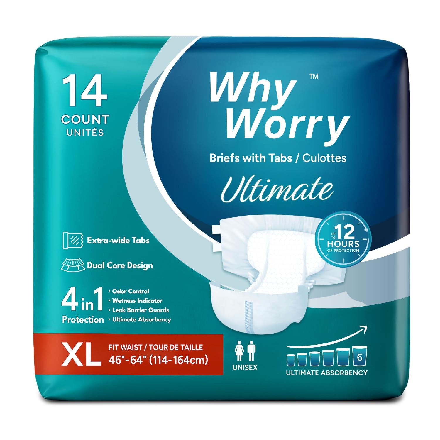 WhyWorry Ultimate Adult Diapers for Men and Women, Disposable Adult Briefs wi…