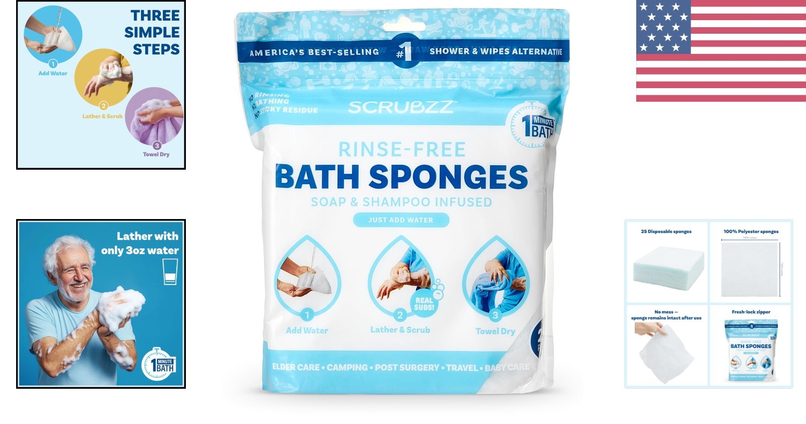 Hypoallergenic Disposable Bathing Wipes – 25 Rinse-Free Cleaning Sponges