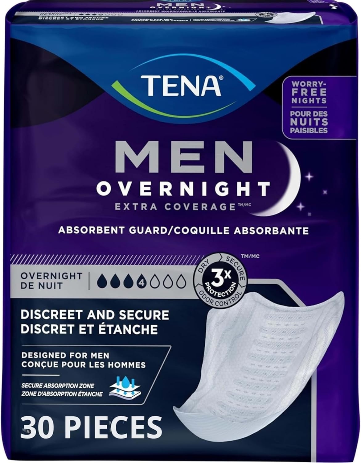 TENA Incontinence Guards, Overnight Absorbency & Advanced Odor Protection,30CT