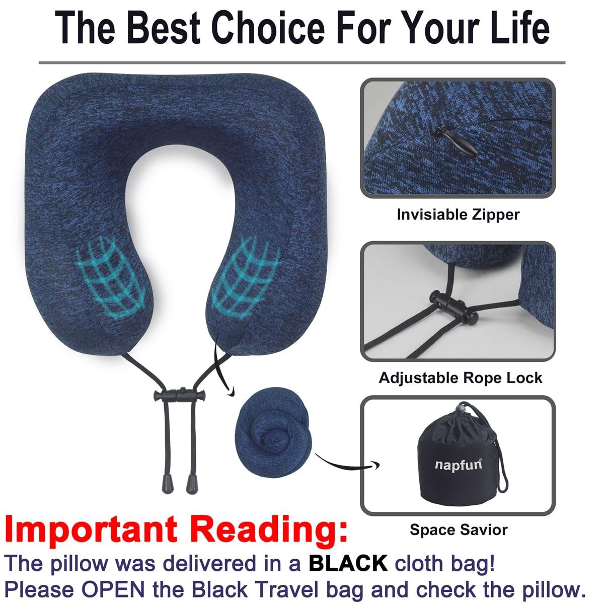 napfun Neck Pillow for Traveling, Upgraded Travel 1 Count (Pack of 1), Blue