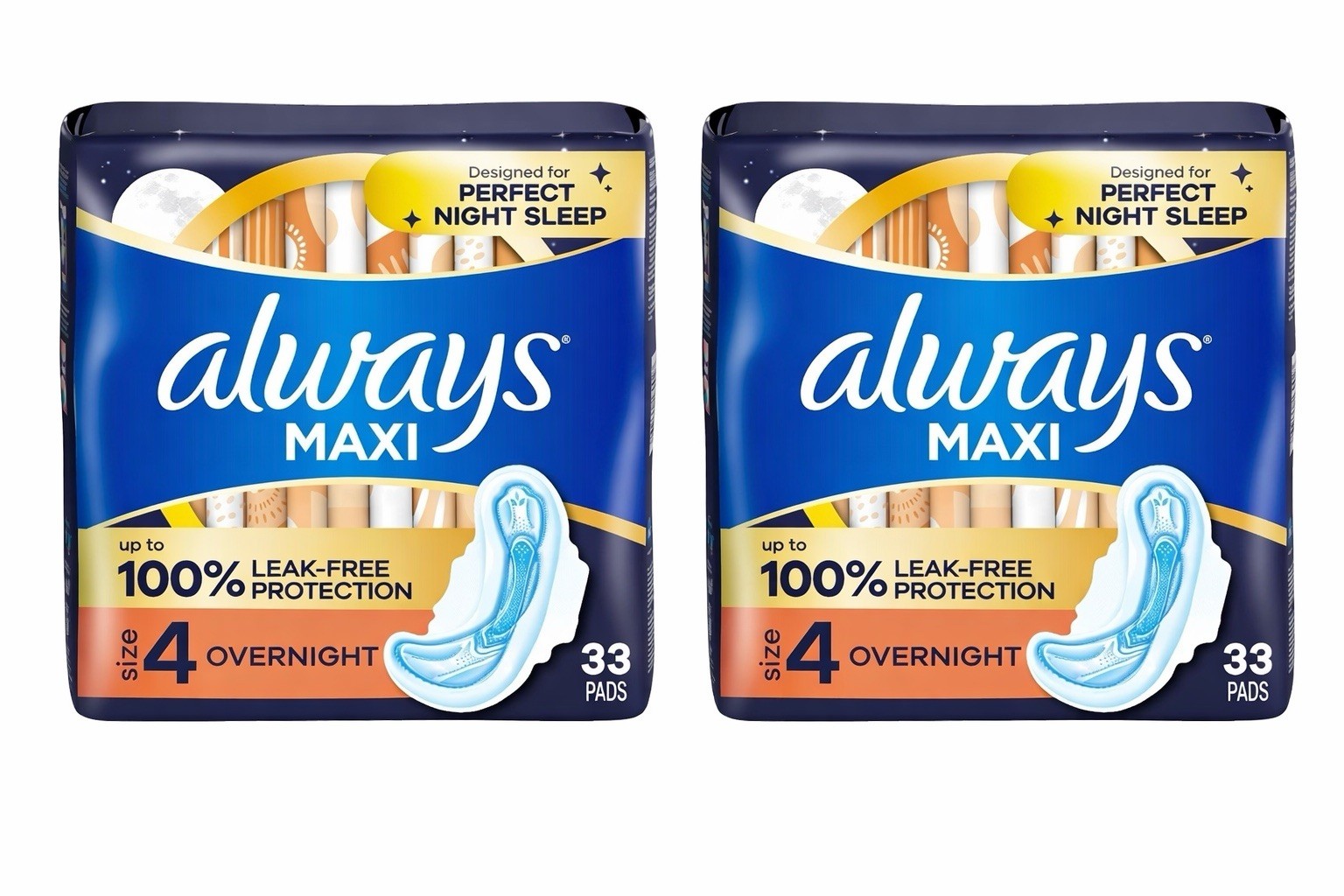 Always Maxi Overnight Pads Jumbo Pack With Flexi-Wings 33 Count, Size 4, x2