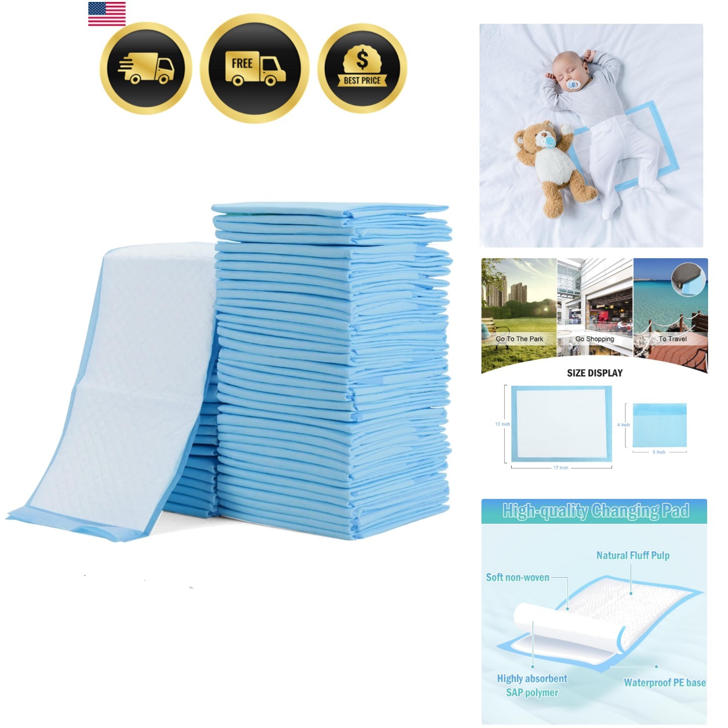 100 Pack Disposable Changing Pads Baby Disposable Underpads Waterproof Diaper…