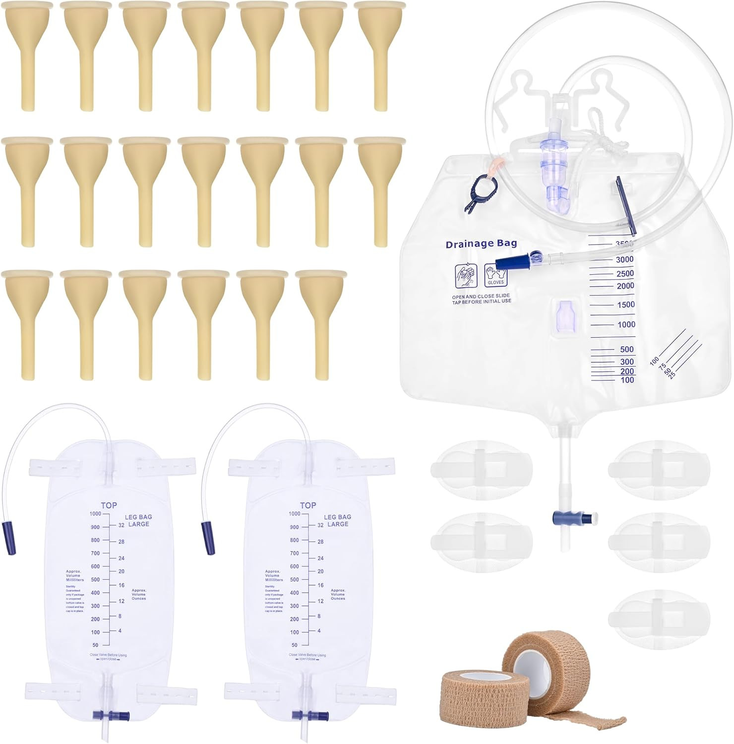 Male Condom Catheter Kit 20 Latex w/ Bags 4000ml + 2x1000ml Straps Tape
