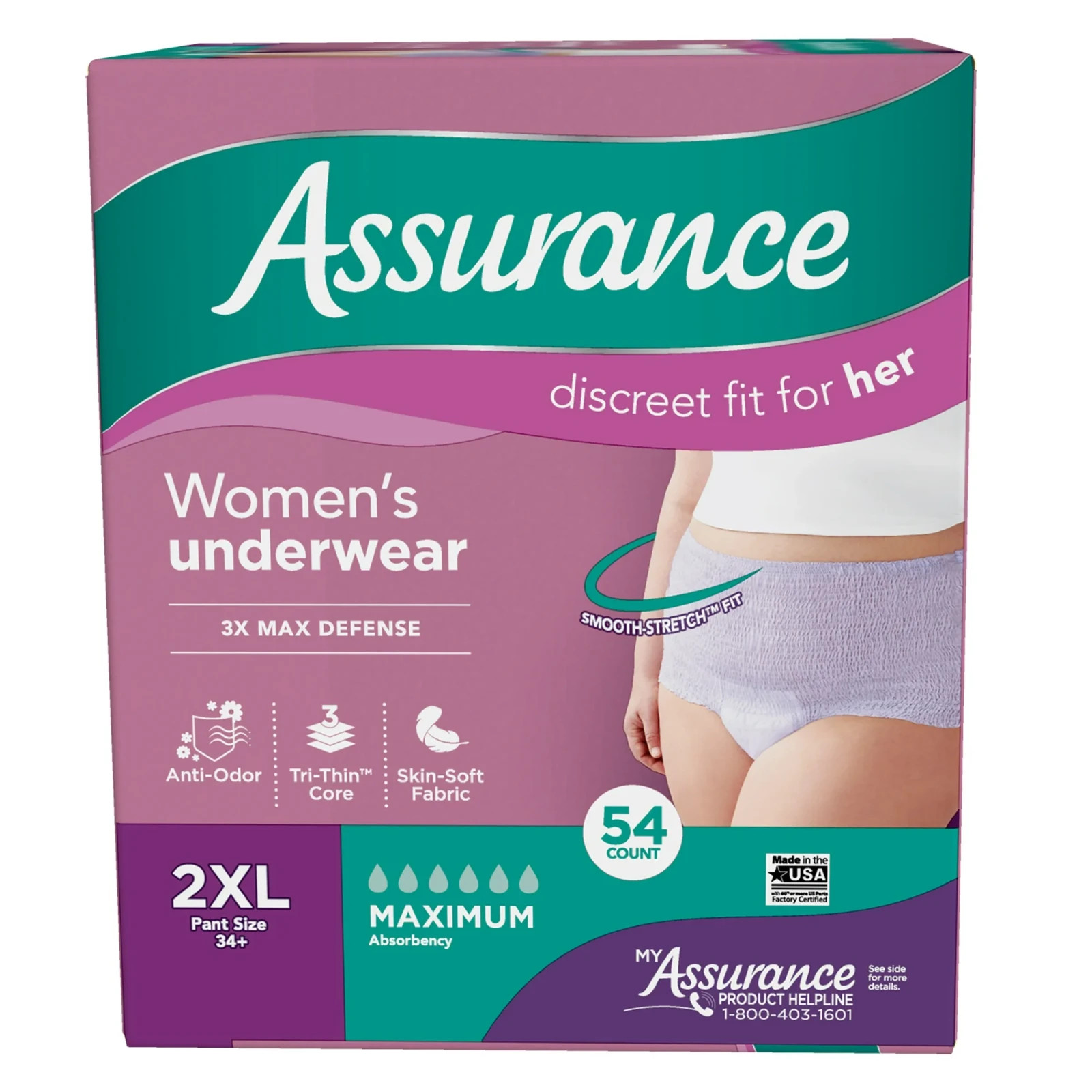 108 Count 2x 54 Assurance Women Incontinence Underwear Max Absorbency Size 2XL