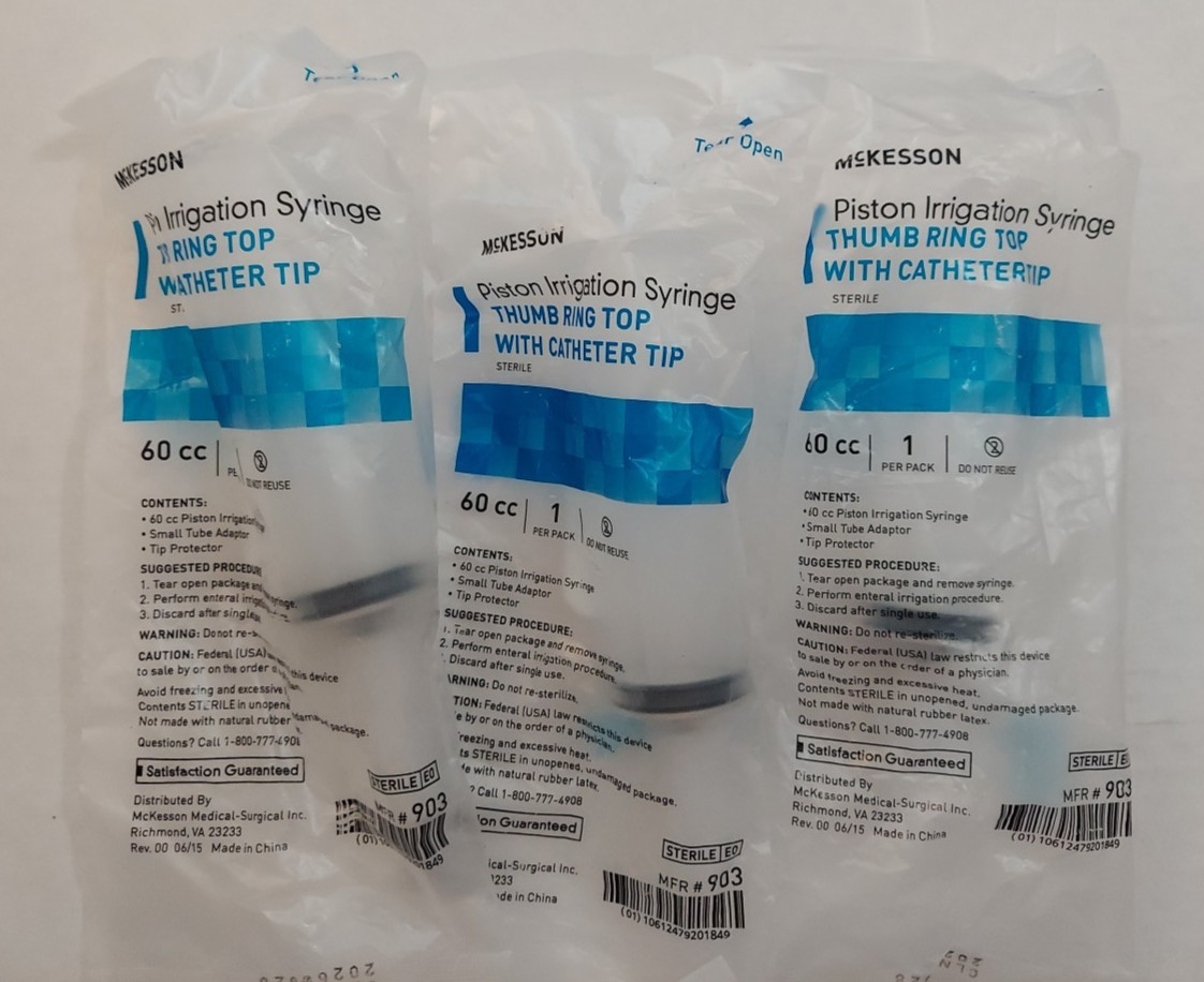 McKesson Piston Irrigation Syringe Lot of 3 Thumb Ring Top w/ Tip 60 CC