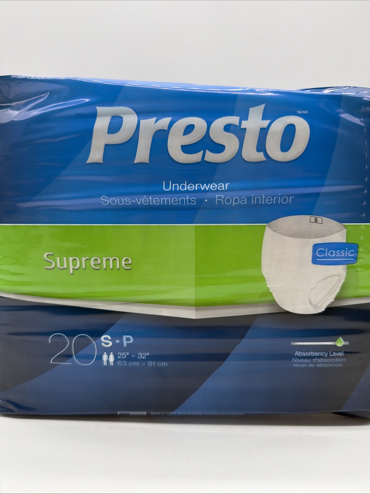 Presto Supreme Adult Incontinence Underwear Disposable size S 25″-32″ 20 count