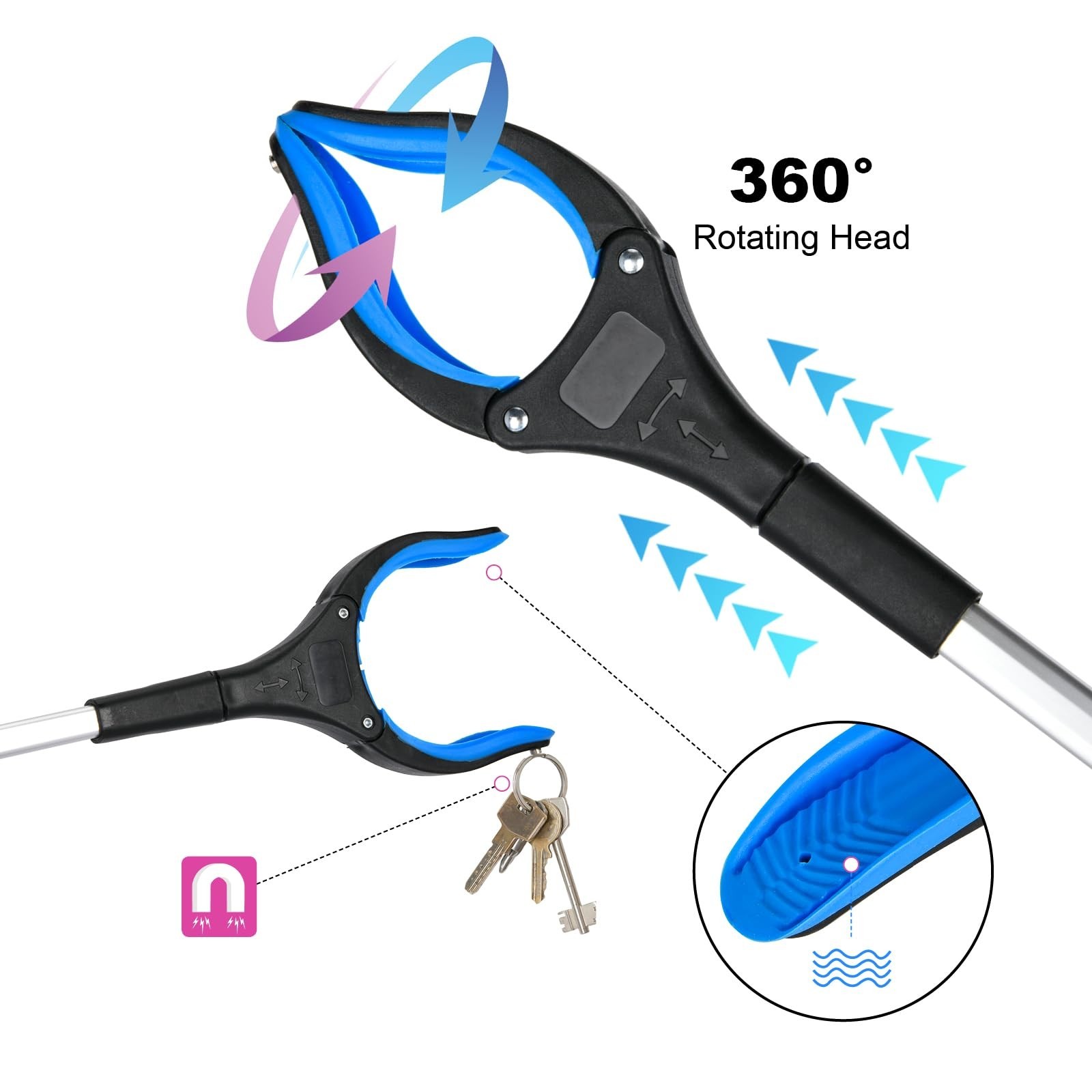 6-Pack 32″ Foldable Grabber Reacher Tool, 360° Rotating Head, Anti-Slip Claw, Wi