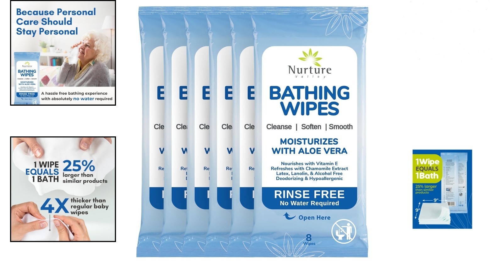 Rinse Free Adult Bath Wipes Aloe Vera 48 Count – Waterless Cleansing for Sens…