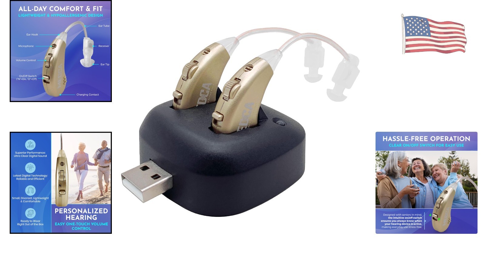 Lightweight Rechargeable BTE Hearing Amplifiers with Active Noise Cancellation