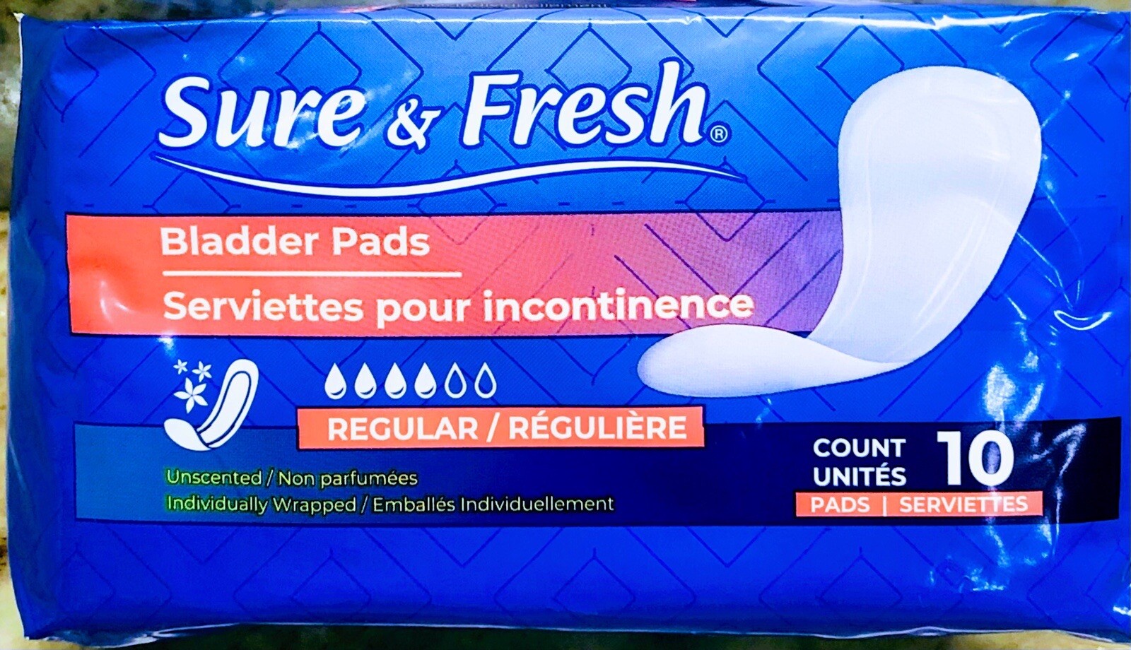 Sure & Fresh (10) Unsented Regular Bladder Pads. For Incontinence. Women’s.
