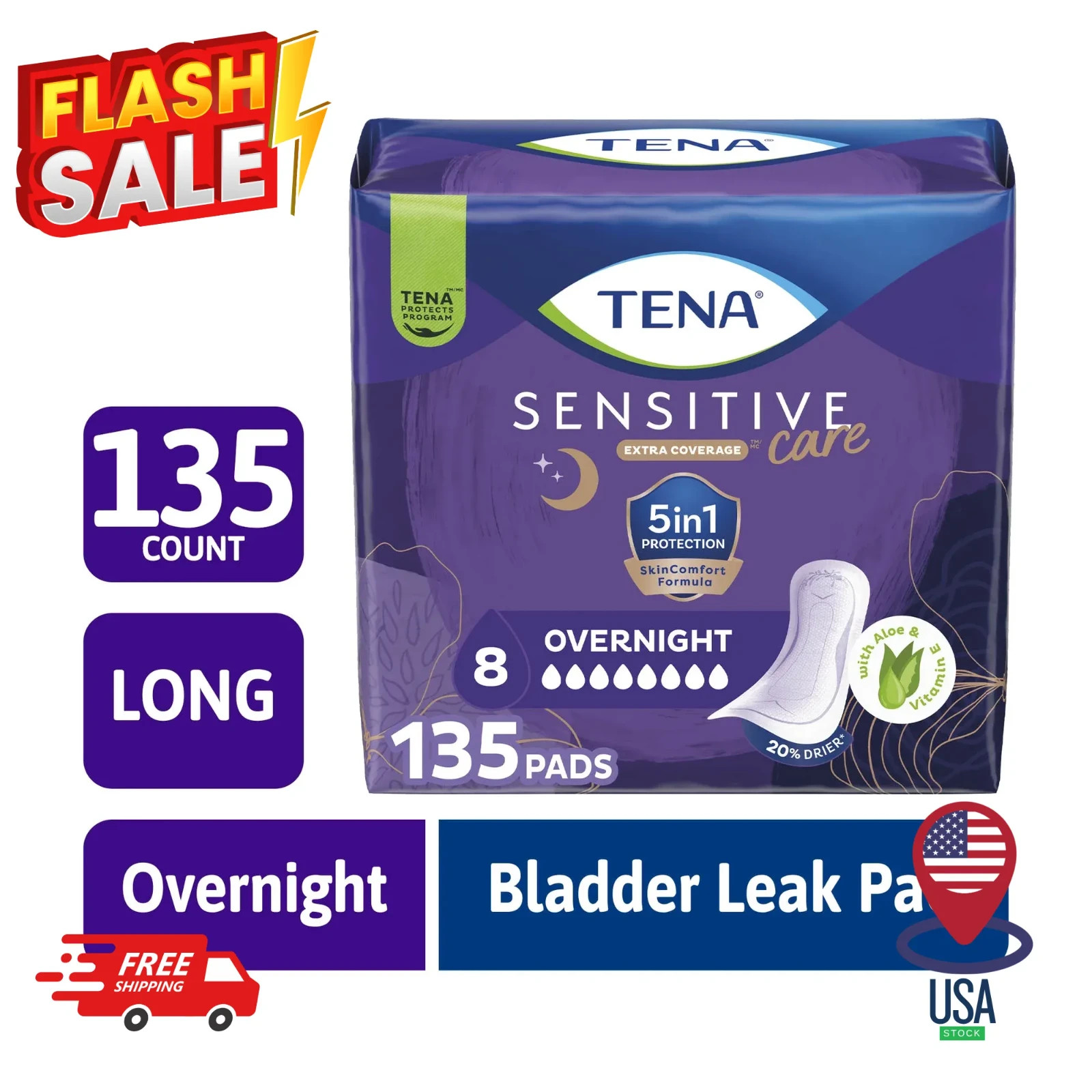 TENA Sensitive Care Overnight Incontinence Pads, 135ct