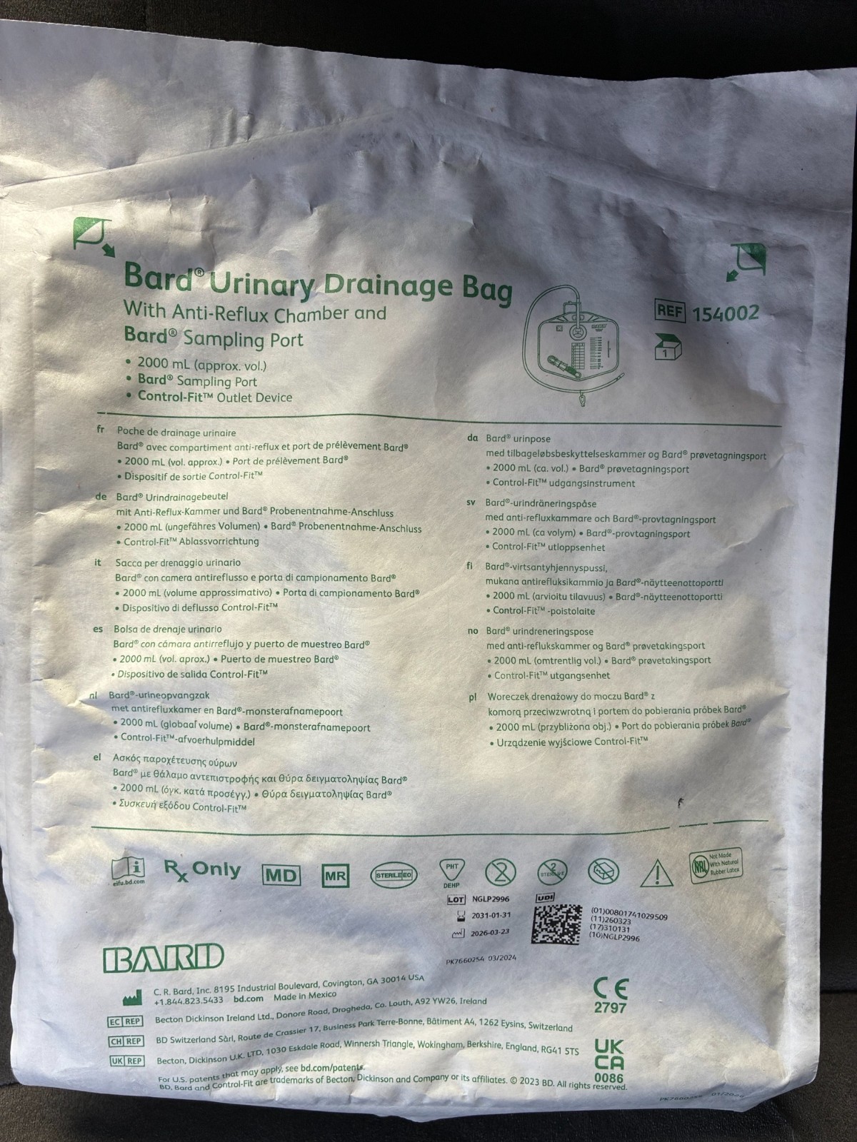 Urinary Drainage Bag 2000 ml Anti-Reflux Chamber & EZ-Lok Sampling Port 154002