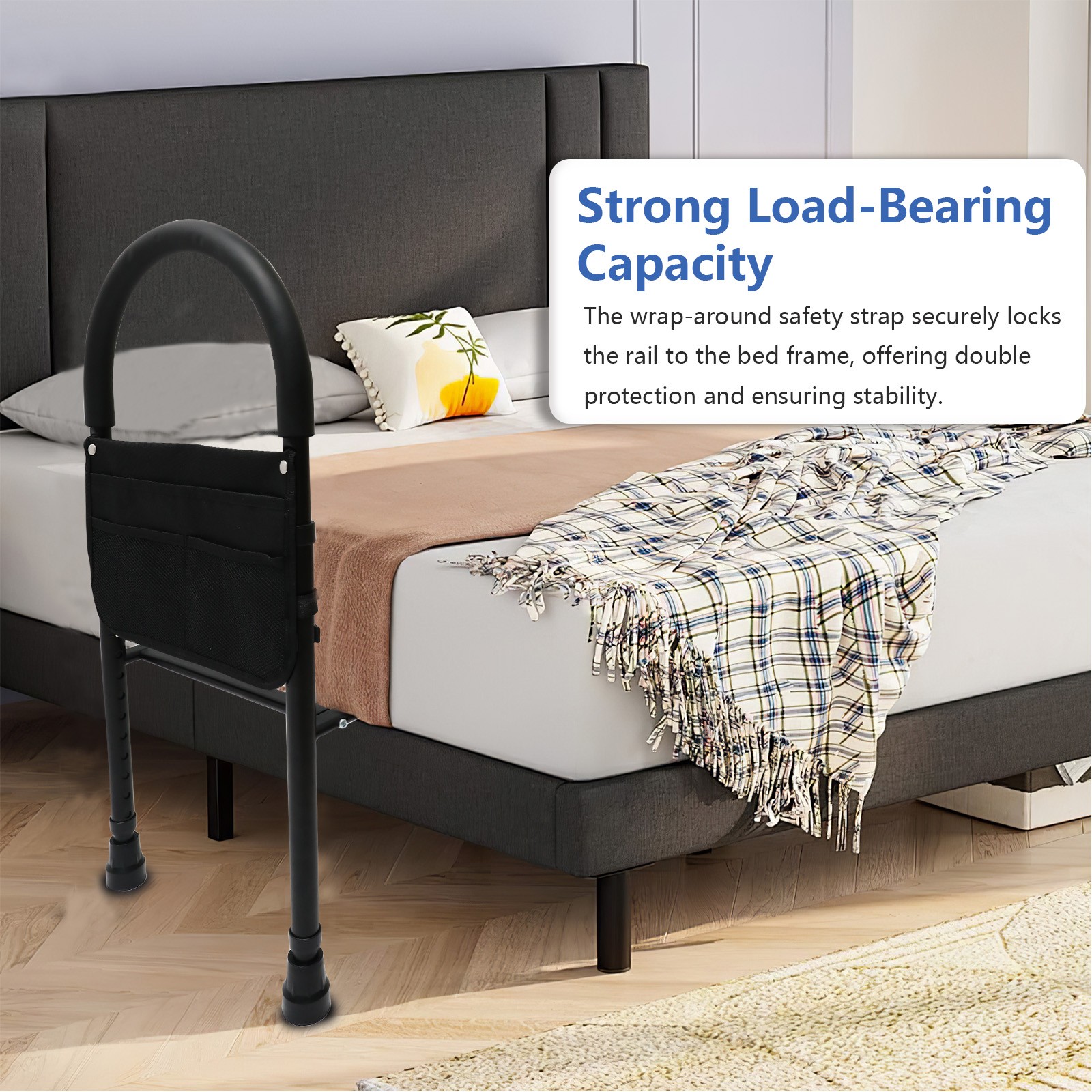 Bedside Safety Rail For Seniors Height Adjustable With Storage Bag 220 lbs