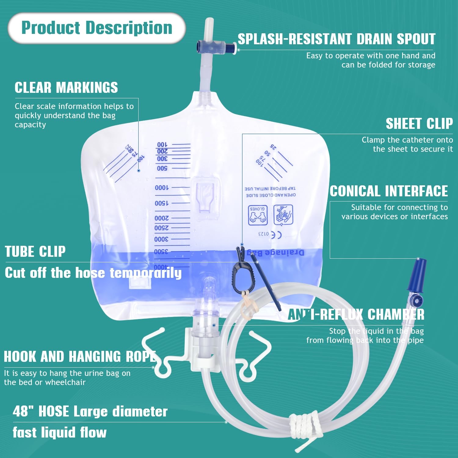 2 Pack Urinary Drainage Bag with Anti-Reflux Chamber, 4000ml Large Capacity, …