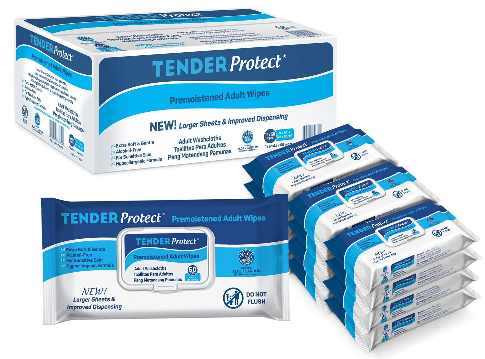 TENDERProtect® Adult Wipes with Aloe, Extra-Large Washcloth (9×12) for Incont…