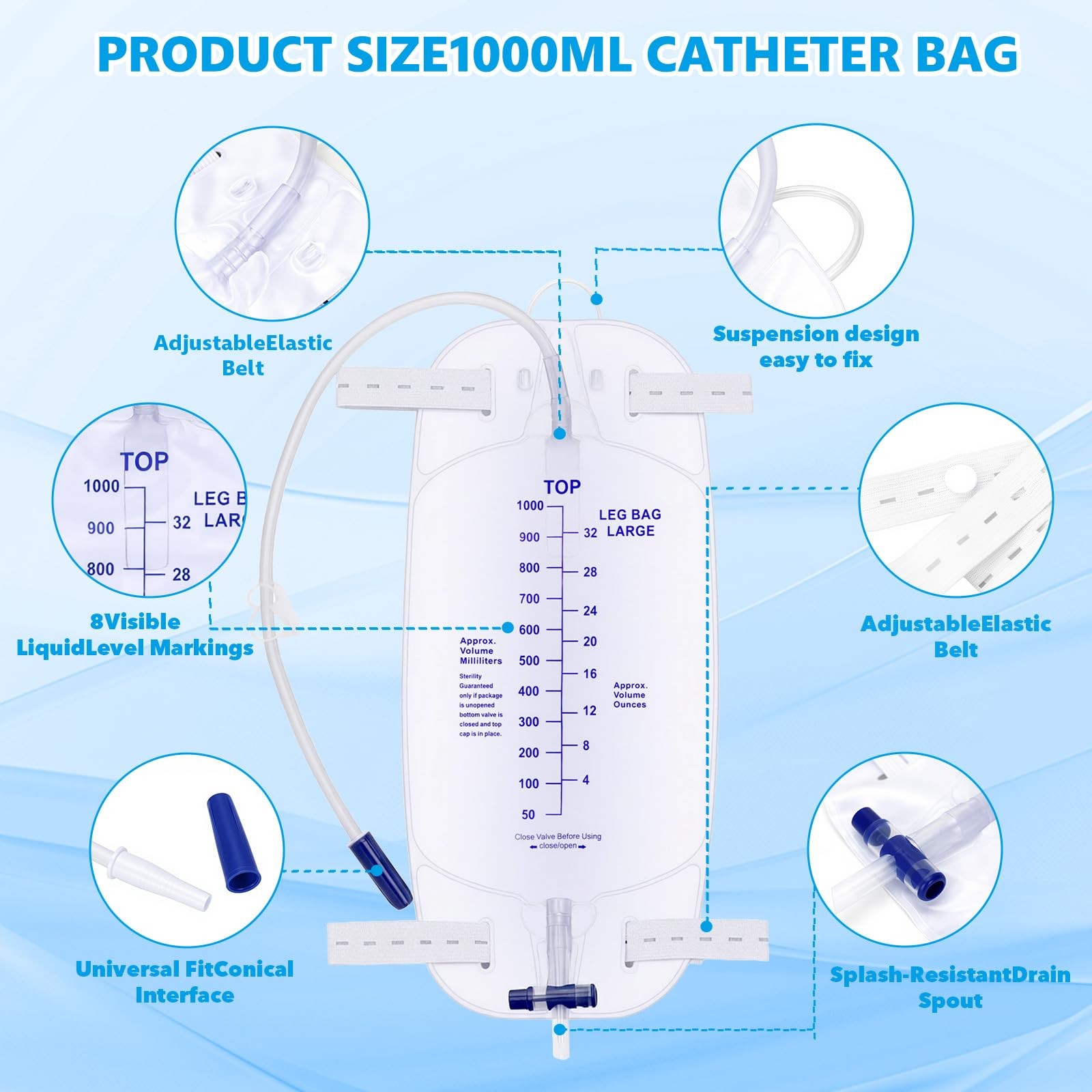 6 Pack 1000ml Foley Catheter Leg Bags, Urinary Drainage Bag for Men Women wit…