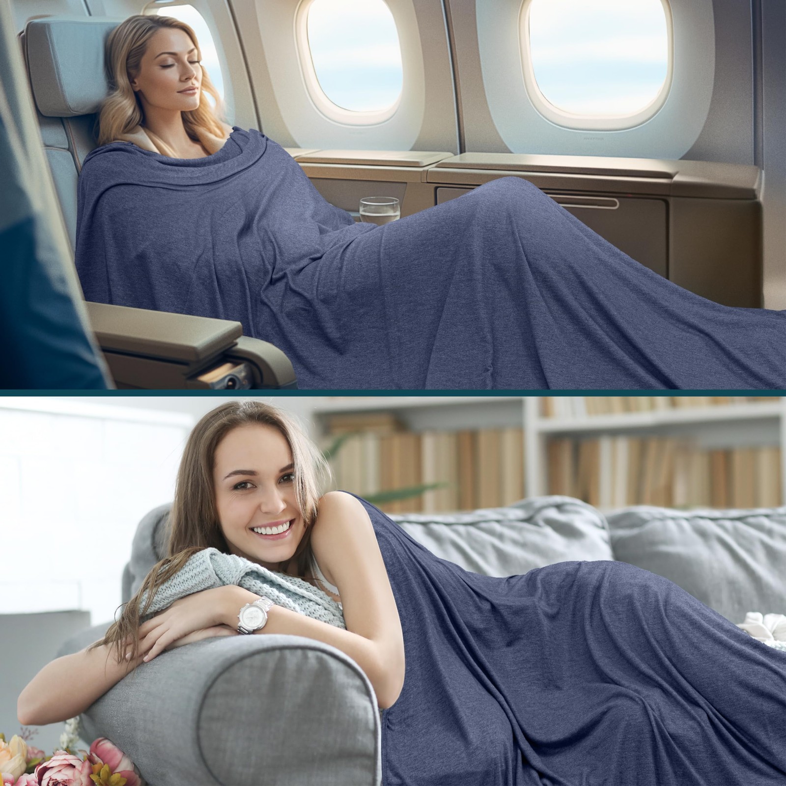 PAVILIA Travel Blanket Airplane Compact with Bag, 65 x 40 inches, Navy Blue