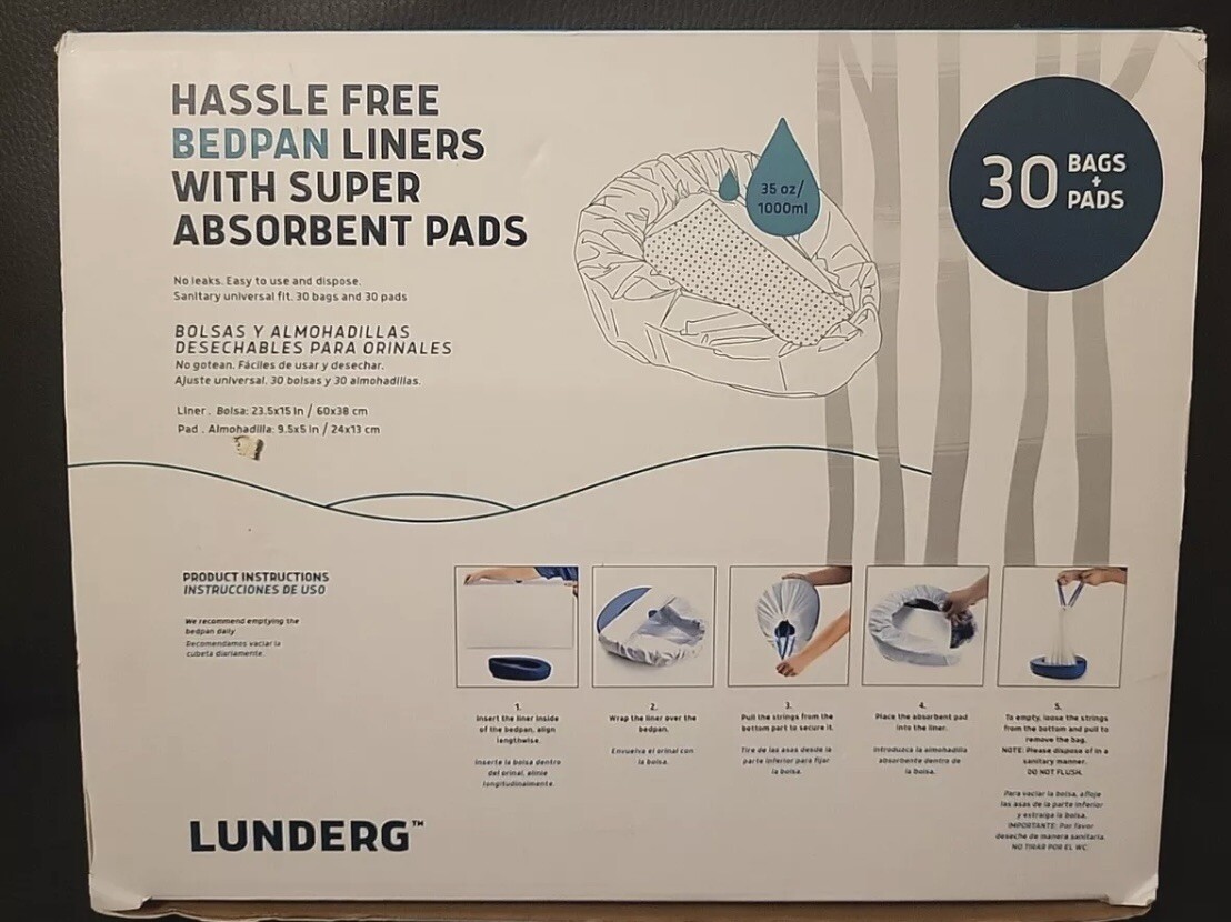 Lunderg Bedpan Liners with Super Absorbent Pads Value Pack 30 Count Medical New
