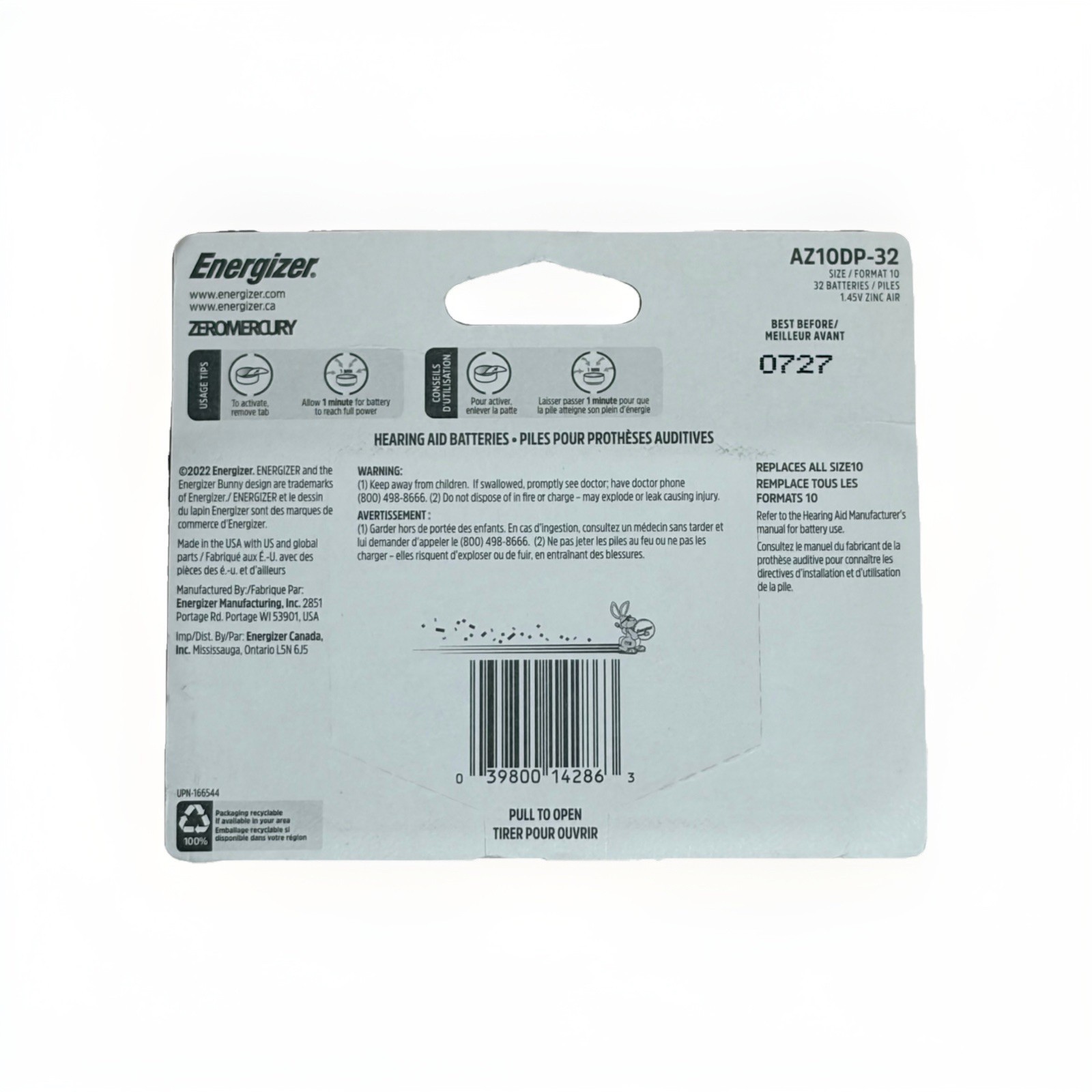 Energizer Hearing Aid Batteries Size 10 AZ10DP-32 32-Count Lot of 3